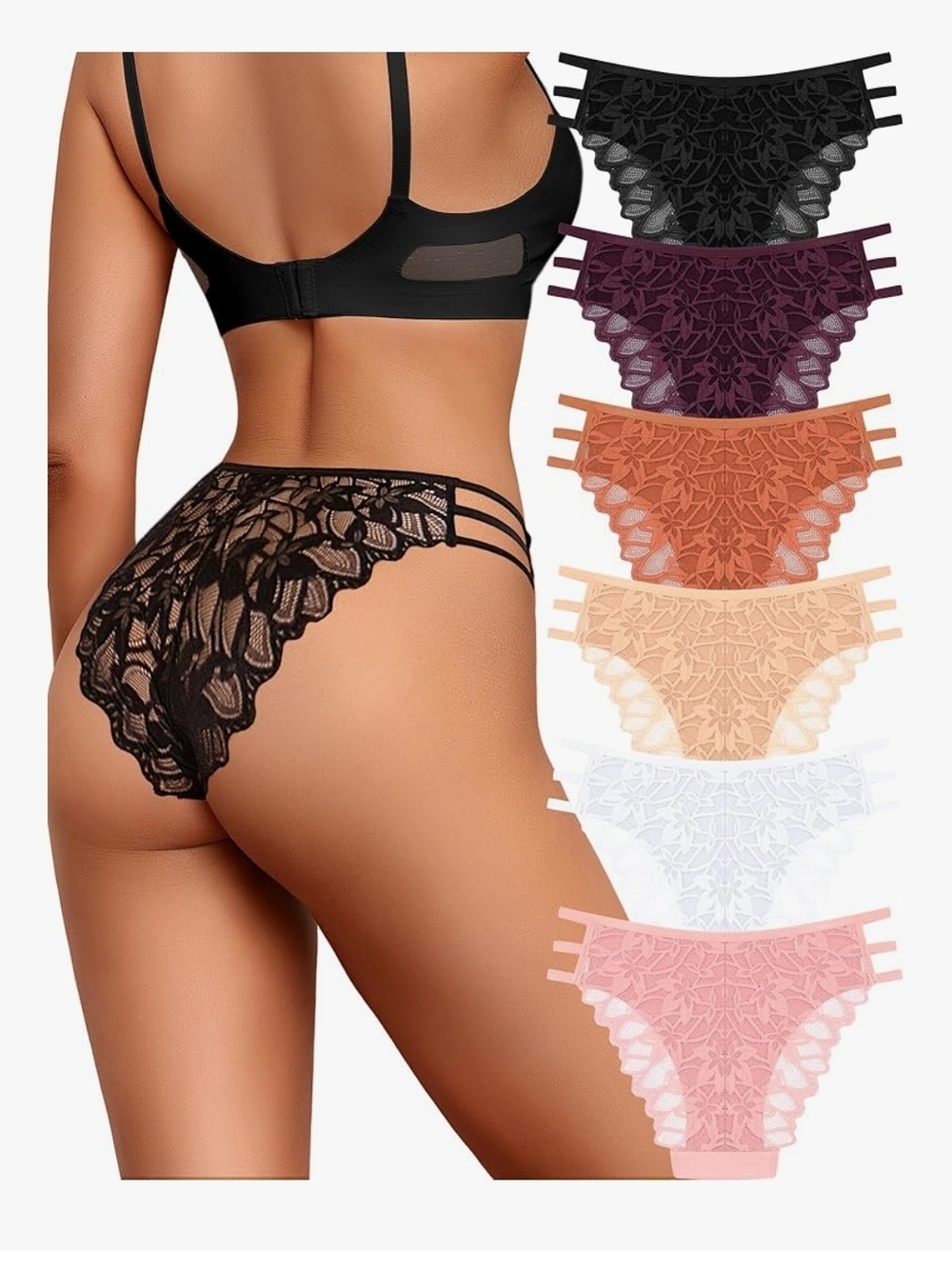 6 PACK Lace Strappy Bikini Panty - Black, Plum, Rust, Cream, White, Pink